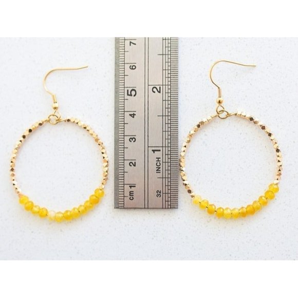Yellow Onyx Sparkly Gold Beaded Earring Gemstone Dangle Hoops Yellow onyx - Picture 3 of 8
